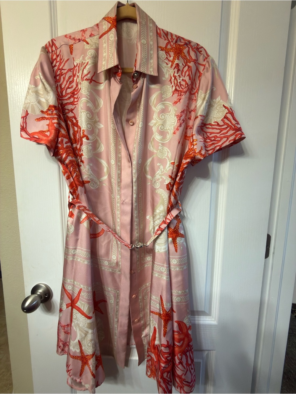 Versace Pink Coral-Print Short Sleeve Mini Shirt Dress